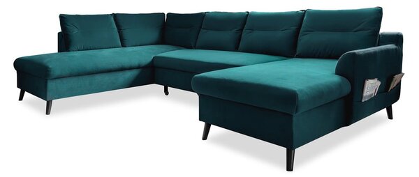 Divano letto a U in velluto turchese, angolo sinistro Stylish Stan - Miuform
