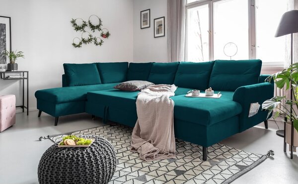 Divano letto a U in velluto turchese, angolo sinistro Stylish Stan - Miuform