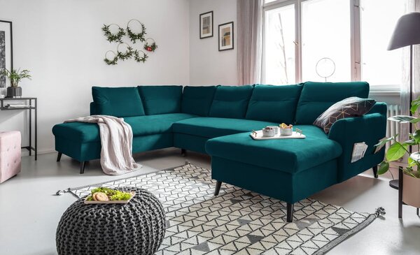 Divano letto a U in velluto turchese, angolo sinistro Stylish Stan - Miuform