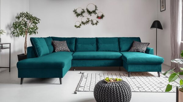 Divano letto a U in velluto turchese, angolo sinistro Stylish Stan - Miuform
