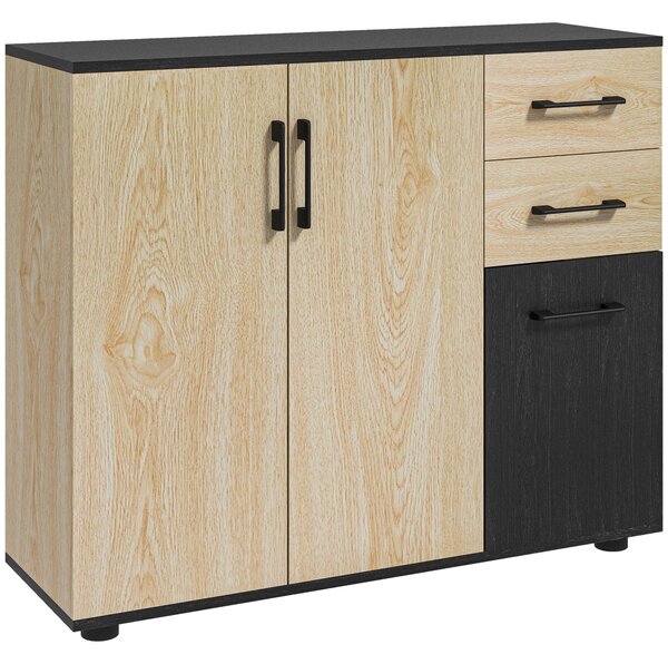 Credenza cucina versatile moderna con mensola regolabile su 3 livelli, 2 Armadietti e 2 Cassetti in Legno, 90x30x75.5cm, Noce e Nero | Aosom Italy