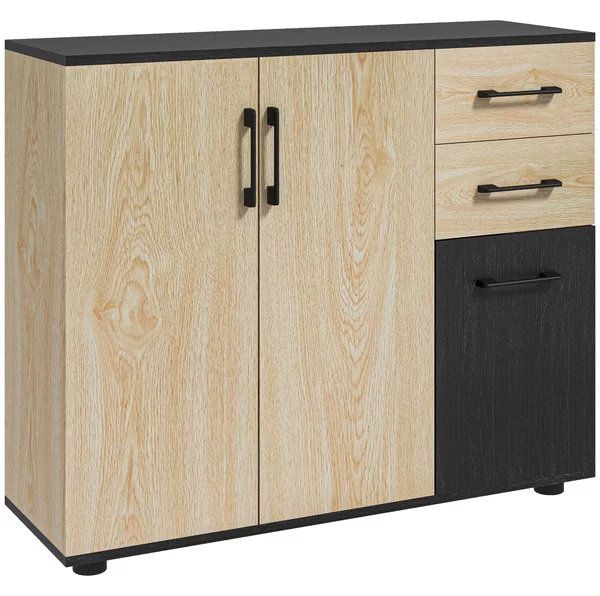 Credenza cucina versatile moderna con mensola regolabile su 3 livelli, 2 Armadietti e 2 Cassetti in Legno, 90x30x75.5cm, Noce e Nero | Aosom Italy
