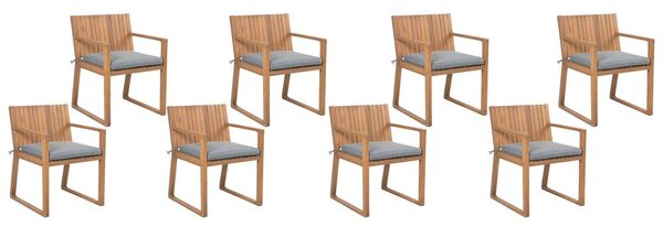 Set di 8 sedie da giardino in legno di acacia marrone con cuscini di seduta grigio chiaro resistente all'acqua Beliani