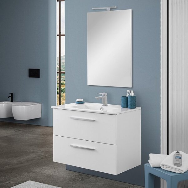 Mobile Bagno Sospeso Bianco Lucido 60 cm. con Lavabo e Specchio