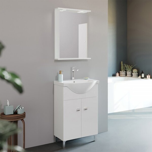 Mobile bagno a terra 55 cm Creta bianco lucido con lavabo e specchio