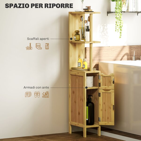 HOMCOM Colonna Bagno naturale e moderno di bambù con Ripiani Aperti e Armadietti con Ante Magnetiche, 18x30x120 cm, Colore Legno |Aosom Italy