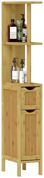 HOMCOM Colonna Bagno naturale e moderno di bambù con Ripiani Aperti e Armadietti con Ante Magnetiche, 18x30x120 cm, Colore Legno |Aosom Italy