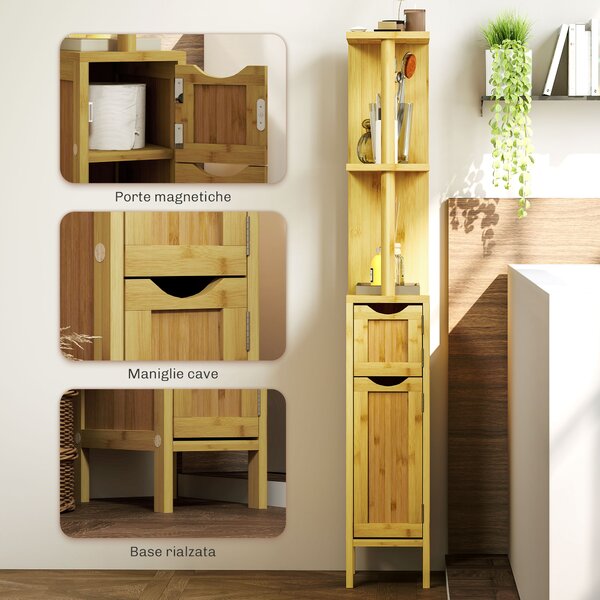 HOMCOM Colonna Bagno naturale e moderno di bambù con Ripiani Aperti e Armadietti con Ante Magnetiche, 18x30x120 cm, Colore Legno |Aosom Italy