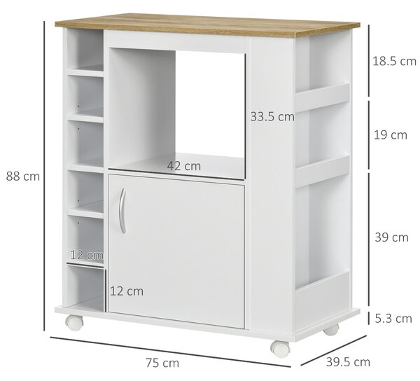 Carrello cucina moderno con diversi spazi e Armadietto, 3 ripiani laterali 4 Ripiani Regolabili, Ruote Girevoli e Freno, Bianco | Aosom Italy