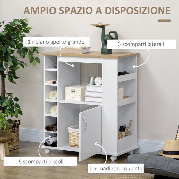 Carrello cucina moderno con diversi spazi e Armadietto, 3 ripiani laterali 4 Ripiani Regolabili, Ruote Girevoli e Freno, Bianco | Aosom Italy