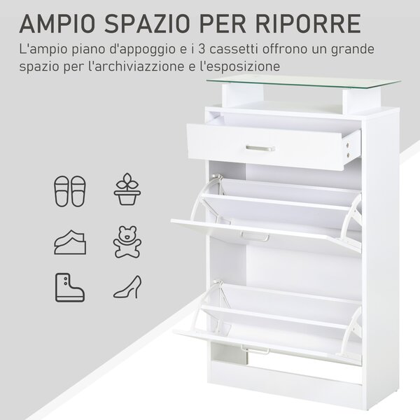 HOMCOM Scarpiera Moderno con 2 Ante ribaltabili a 2 Livelli e Cassetto, in Legno con ripiano superiore in vetro, 60x24x105.5cm, Bianco|Aosom Italy