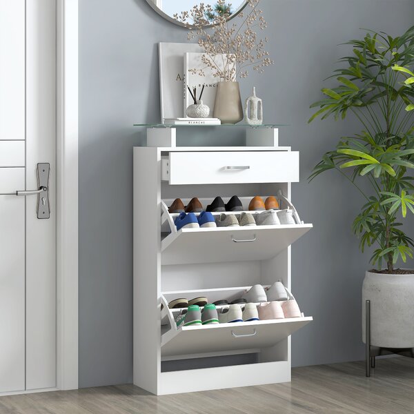 HOMCOM Scarpiera Moderno con 2 Ante ribaltabili a 2 Livelli e Cassetto, in Legno con ripiano superiore in vetro, 60x24x105.5cm, Bianco|Aosom Italy