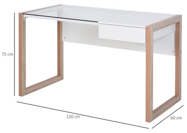 HOMCOM Scrivania Bianca con Cassetto Design in Legno e Vetro, Scrivani in Vetro Temperato, Bianca e Color Legno, per Ufficio e Casa|Aosom