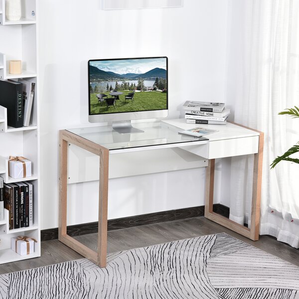 HOMCOM Scrivania Bianca con Cassetto Design in Legno e Vetro, Scrivani in Vetro Temperato, Bianca e Color Legno, per Ufficio e Casa|Aosom
