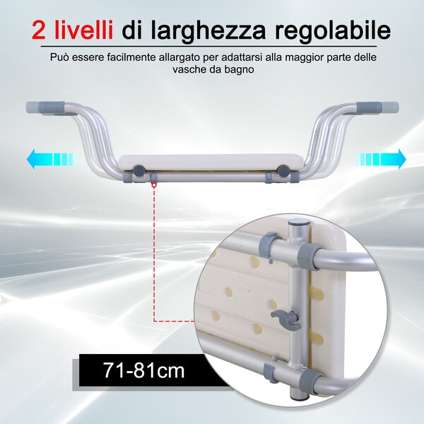 HOMCOM Sedile per Vasca in Lega di Alluminio e Plastica, Mensola per Vasca da Bagno Larghezza Regolabile 71-81cm, Max. Carico 136kg|Aosom