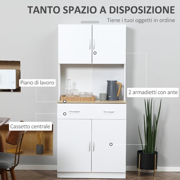 HOMCOM Credenza Cucina Moderno con Armadietti a 2 Ante e Cassetto, Mobile in Legno per Spazi Piccoli, 80x40x180cm, Bianco | Aosom Italy