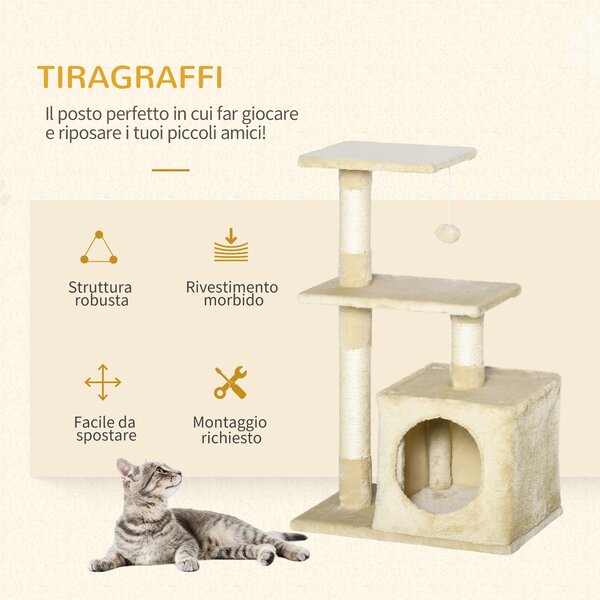 PawHut Albero Tiragraffi per Gatti con Cuccia, Pallina e Pali in Corda Sisal, in Peluche Beige, 49x30x81.5cm