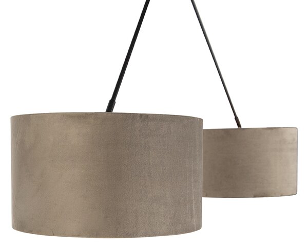 Lampada a sospensione nera con paralumi in velluto color tortora con oro 35 cm 2 luci - Blitz