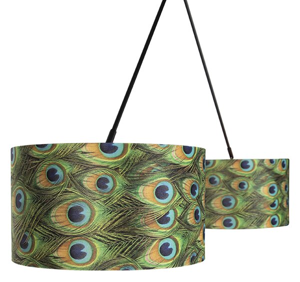 Lampada a sospensione nera con paralumi in velluto pavone con oro 35 cm 2 luci - Blitz