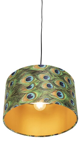 Lampada a sospensione con paralume in velluto pavone con oro 35 cm - Combi