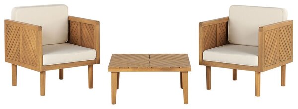Poltrone da giardino in legno di acacia con tavolino cuscini schienale in poliestere bianco interno esterno Beliani