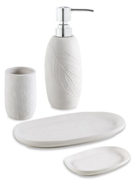 Set accessori 4 pezzi Cipì serie White Leaves in ceramica Dispenser Bicchiere Porta sapone e Vassoio