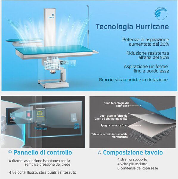 Tavolo da stiro Professionale Rettangolare, riscaldato aspirante.5L-12F-F82 flussi di velocit� Con Braccetto Dimensioni Area stiro 120x 80 Peso 80 kg