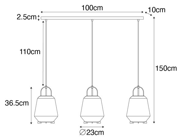Lampada a sospensione nera con vetro fumé 23 cm oblungo 3 luci - Kevin
