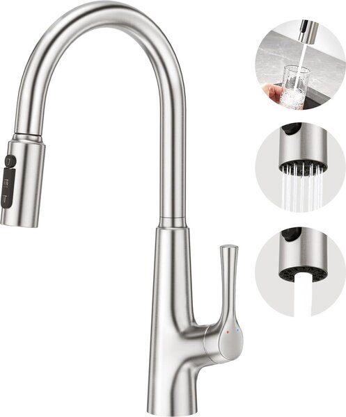 Rubinetto da cucina a 3 vie con doccetta estraibile - Miscelatore monocomando - Acciaio inox
