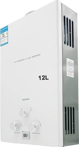 Scaldabagno a gas propano - Scaldabagno senza serbatoio - CE, acciaio inossidabile, capacità 1000 l, campeggio all'aperto, set doccia - Bianco