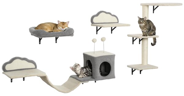 PawHut Parete da arrampicata per gatti, set da 4 pezzi con tiragraffi e cuccia