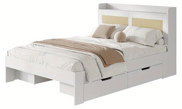 Struttura letto - Letto matrimoniale - Letto a piattaforma - Letto contenitore - Divano letto - 140x200 cm - Bianco - Con cassetti contenitori