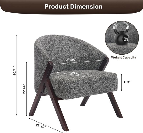Poltrona – Poltrona da salotto in stile mid-century – Struttura in legno – Imbottita con braccioli – Ideale per soggiorno, camera da letto o angolo lettura – Montaggio semplice – Grigio scuro