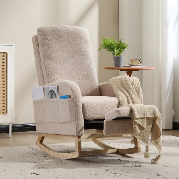 Poltrona a dondolo - Schienale alto - Imbottita - Poggiapiedi - Tasche laterali - Struttura in legno - Beige