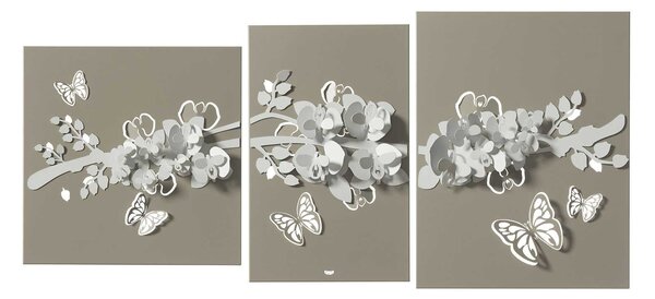 Arti e Mestieri Pannello da parete in metallo composto 3 pezzi con ramo fiorito in rilievo Ramo fiorito Sabbia/Bianco Marmo