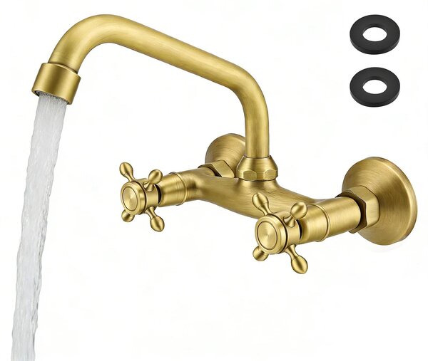 Miscelatore da cucina da montare a parete - Altezza del beccuccio: 25 cm - Stile vintage - Bocchetta girevole a 360° - Due manopole - Colore giallo
