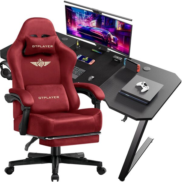 Set scrivania e sedia da gaming - Z12 + GT829 - Sedia da gaming ergonomica - Scrivania per computer - Pelle e fibra di carbonio - Stile moderno - Rosso