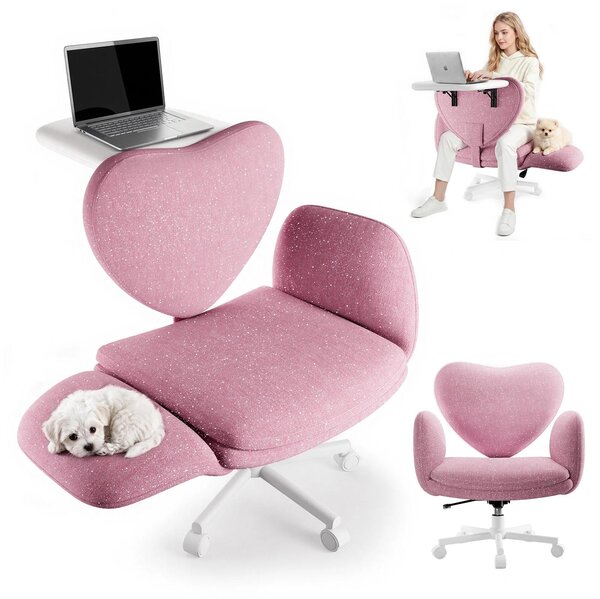 Sedia da scrivania con tavolino integrato - Sedia da ufficio ergonomica - Seduta ampia - Braccioli regolabili in 5 posizioni - Seduta regolabile in altezza per la posizione a incavo - Rotella e girevole - Colore: rosa glitterato