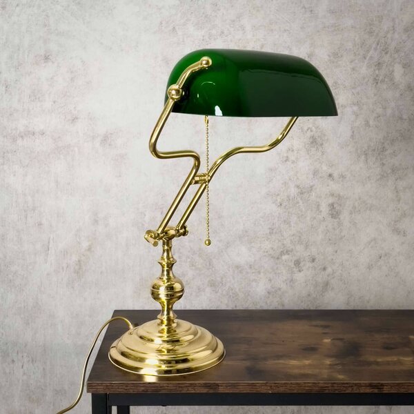 Lampada Banker in ottone e vetro alta 47 cm in verde lucido E27 Lampada da tavolo Art Nouveau
