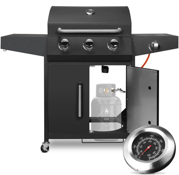 Barbecue a gas - Modello su ruote con 3+1 bruciatori - 24.000 BTU - Acciaio inossidabile - Bruciatore laterale e ripiano laterale - Colore nero