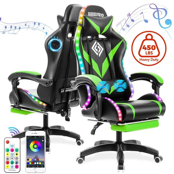 Sedia da gaming - Sedia da ufficio ergonomica - Con altoparlanti integrati - Rivestita in ecopelle - Dotata di poggiapiedi e illuminazione LED - Portata massima fino a 204 kg - Verde