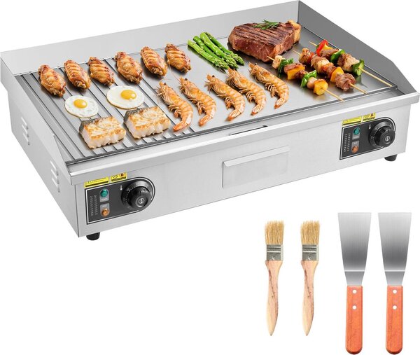 Piastra elettrica - Piastra da tavolo per ristorazione - Potenza 4400 W - Superficie di cottura 72,5 x 40 cm - Intervallo di temperatura 50-300 °C - Metà rigata/metà liscia - Incl. 2 spatole e 2 spazzole