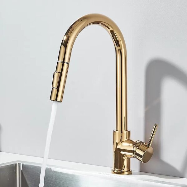 Miscelatore da cucina – Rubinetto estraibile – Girevole a 360° – 2 tipi di getto – Acqua fredda e calda – Acciaio inossidabile 304 – Cartuccia in Vetroceramica – Oro