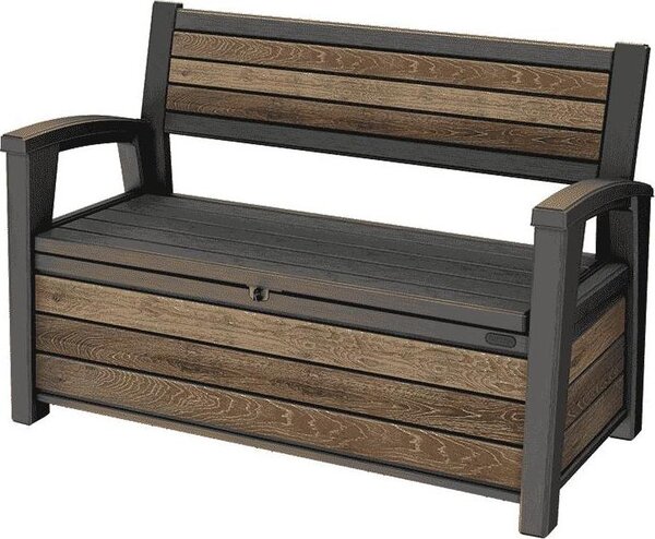 Panchina da giardino Keter effetto legno noce, resistente alle intemperie, vano portaoggetti da 227 l, chiudibile a chiave, panchina per terrazza, balcone e giardino