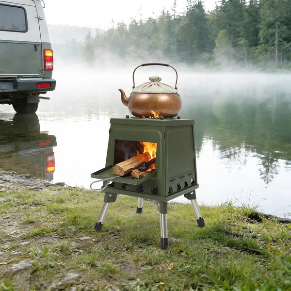 Camping Zeltofen: Stufa portatile in legno. Brucia legna e carbone. Adatta per 3-5 persone. Struttura in acciaio resistente alla ruggine, da appoggiare a terra. Dimensioni compatte: 22x22 cm. Colore: verde