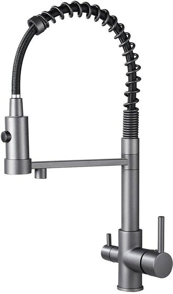 Rubinetto da cucina a 3 vie grigio, miscelatore girevole a 360 gradi, miscelatore per lavello con bocca flessibile, rubinetto da cucina per acqua calda e fredda e filtro (grigio)