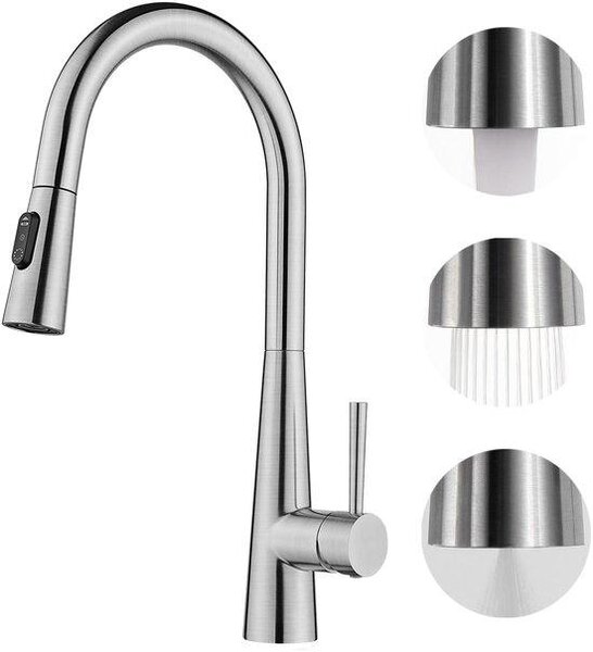 Rubinetto da cucina ad alta pressione con doccetta, estraibile, 3 getti, orientabile a 360 gradi, acciaio inossidabile spazzolato