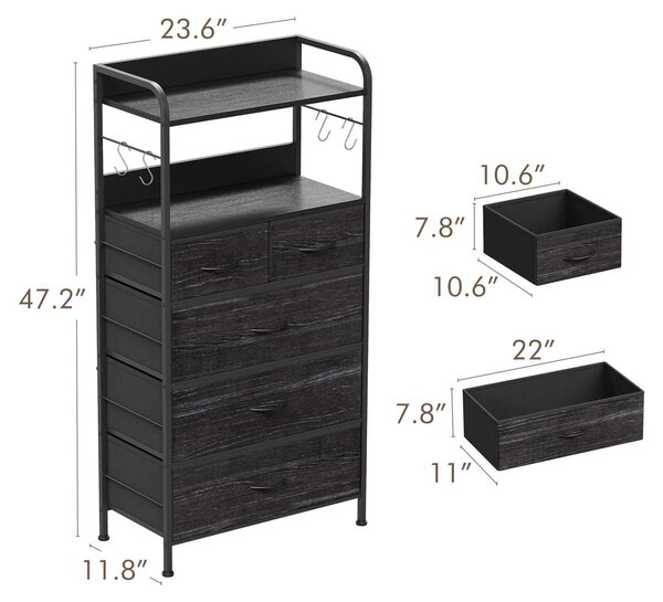 Comodino con 5 cassetti rivestiti in tessuto – Armadio contenitore – Struttura in legno – 2 ripiani e ganci – Ideale per camera da letto e armadio – Colore: nero