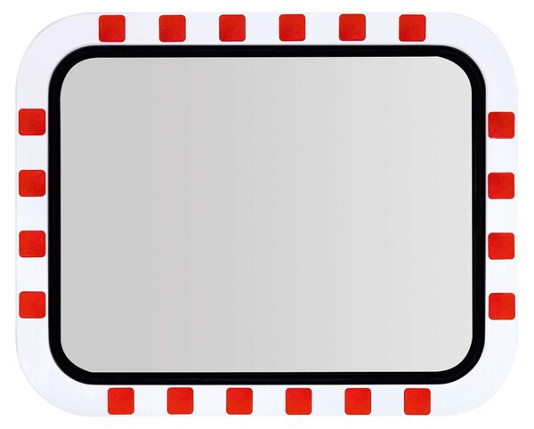 Specchio stradale, telaio, superficie riflettente in acciaio inox, bordo riflettente rosso, con supporto, LxA 800x600 mm