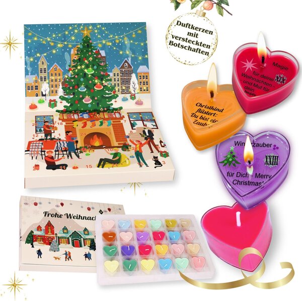 Candele profumate del calendario dell'Avvento - 24 tealight a cuore in cera di soia con messaggi nascosti, 24 fragranze invernali, confezione regalo per donne, durata di combustione circa 2-4h